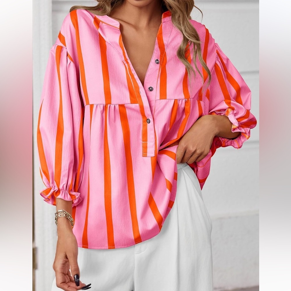 Plus Size Pink Orange Striped Babydoll Blouse XXL Flowy Top
